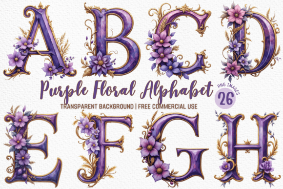 Download Purple Floral Alphabet Clipart Bundle - Alphabet clipart Collection